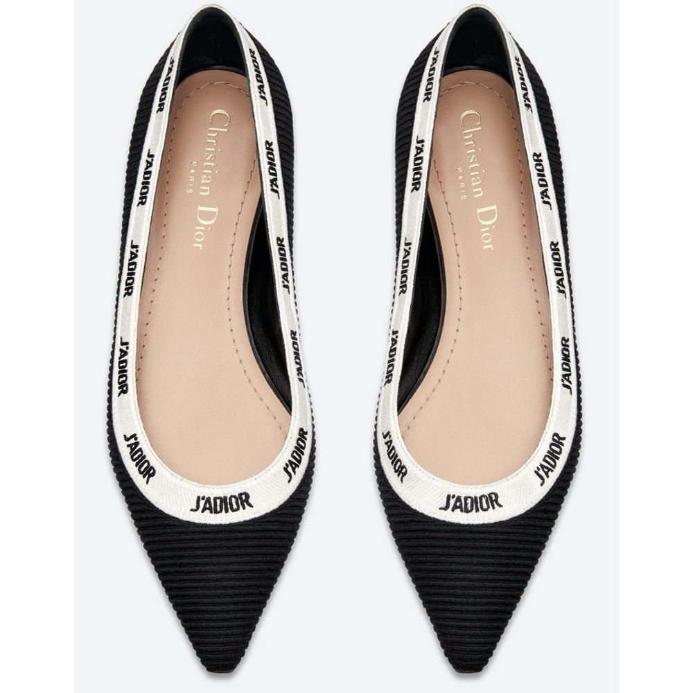 Dior J'adior Black White Ribbon Logo Embroidered Fabric Ballet Ballerina Flat 37 - Picture 6 of 12